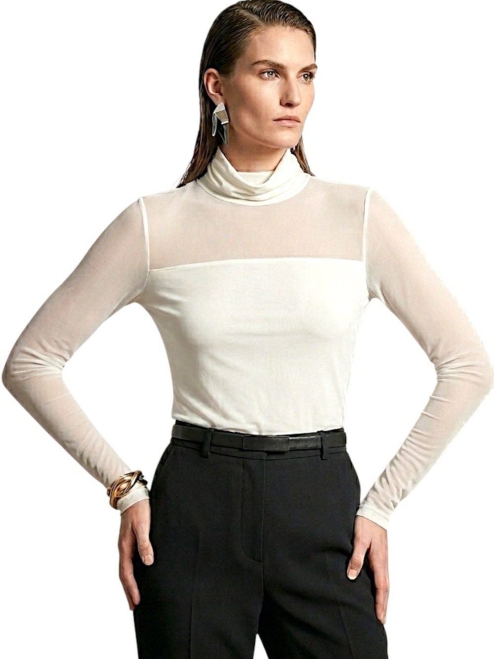 Patrizia Luca Italy cream illusion neckline sheer sleeves turtleneck top XL